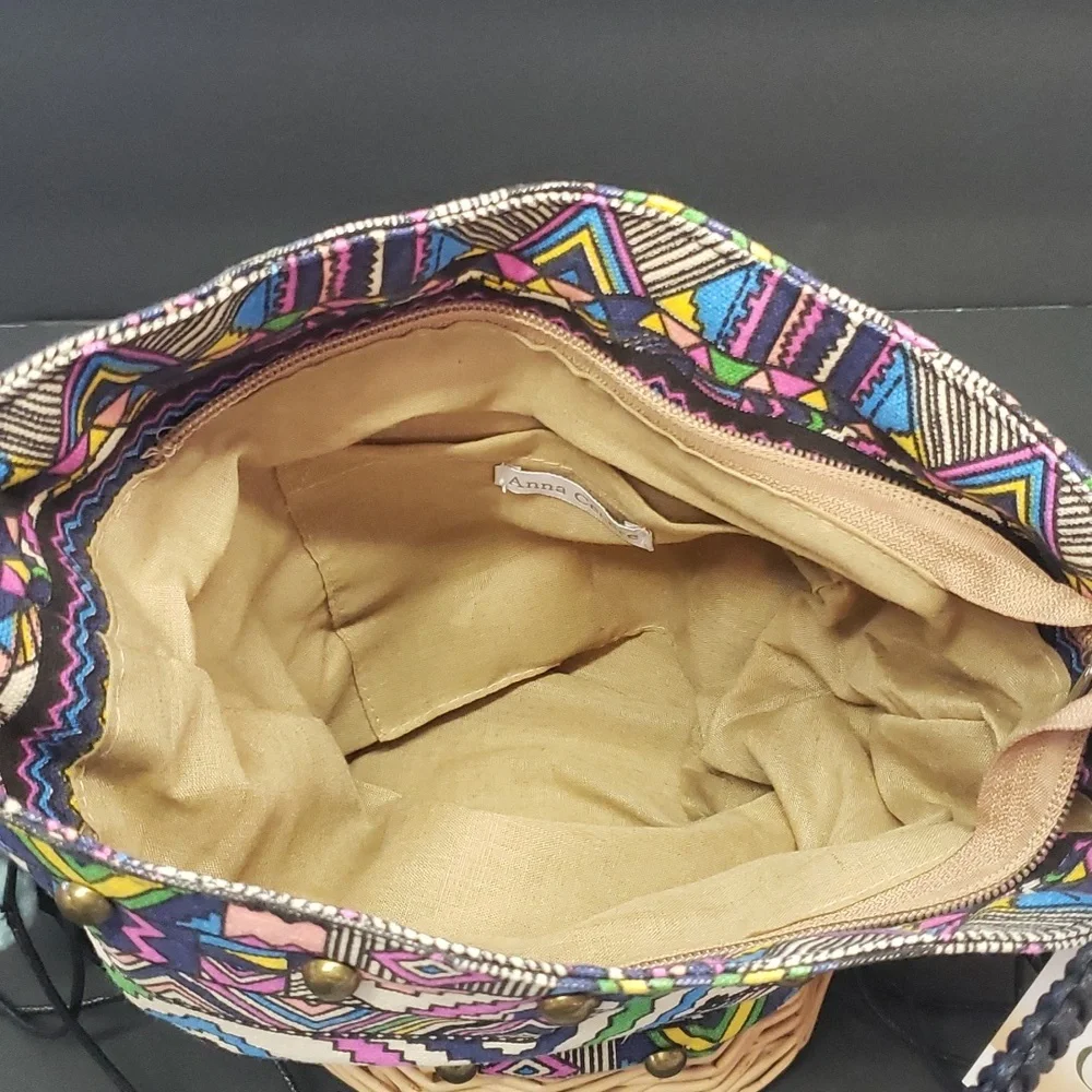Anna Cecere Patterned Fabric and Seagrass Handbag with Stud Detail